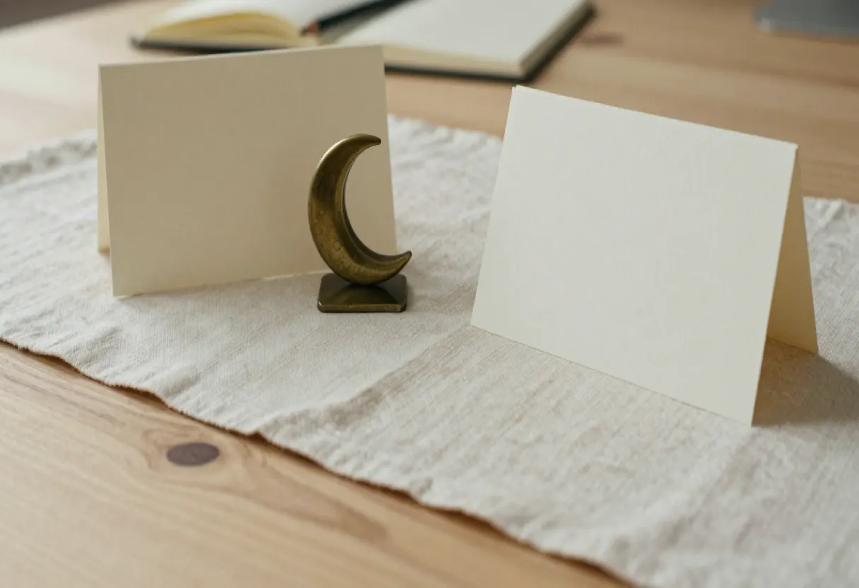Two standing note cards and a bronze crescent on linen