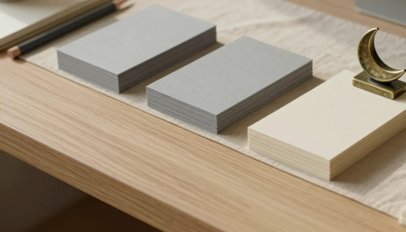 Editorial still of a writing table with paper stacks and a bronze crescent paperweight