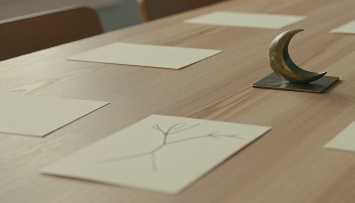 A table of decision notes and a bronze crescent paperweight